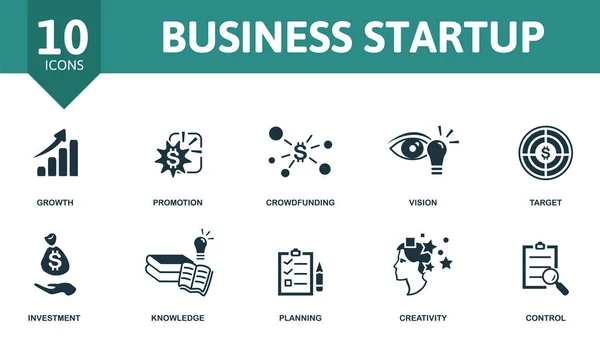 Conjunto de ícones Business Startup. Contém ícones editáveis tema de inicialização, como crescimento, crowdfunding, alvo e muito mais. —  Vetores de Stock