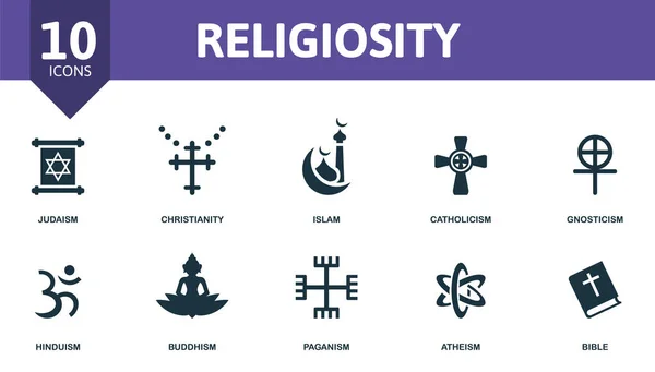 Dini simge seti. Düzenlenebilir ikonlar içeren din teması: Yahudilik, İslam, gnostisizm ve daha fazlası. — Stok Vektör