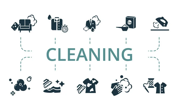 Set de iconos de limpieza. Contiene iconos editables tema como la limpieza de muebles, reparación de ropa, stan retiro y más. — Vector de stock