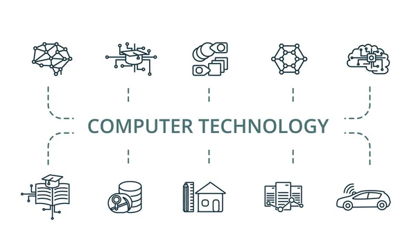 Zestaw ikon technologii komputerowej. Zawiera edytowalne ikony tematu, takich jak głębokie uczenie się, autinimous, eksploracji danych i więcej. — Wektor stockowy