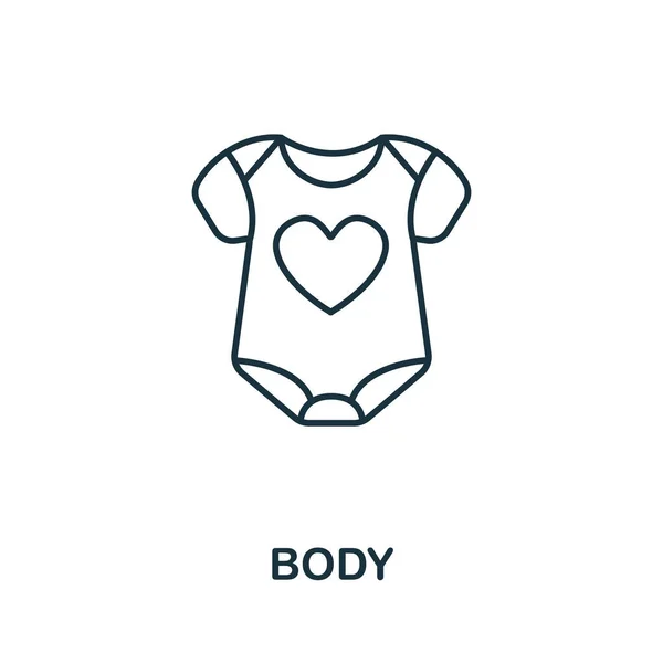 Icono del cuerpo de la colección de cosas del bebé. Símbolo de cuerpo de elemento de línea simple para plantillas, diseño web e infografías — Vector de stock