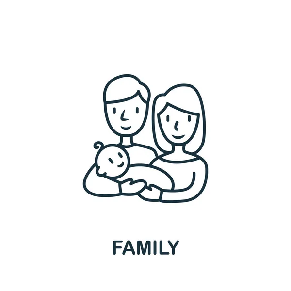 Icono familiar de la colección de cosas para bebés. Símbolo de familia de elementos de línea simple para plantillas, diseño web e infografías — Vector de stock