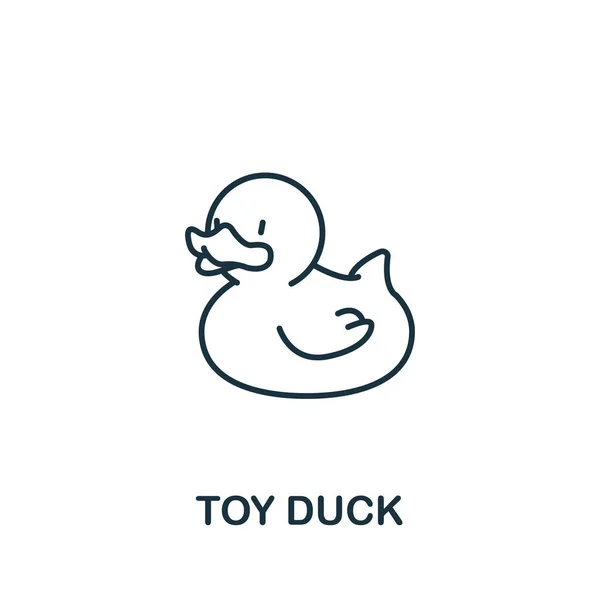 Toy Duck ícone da coleção de coisas do bebê. Simbolo de pato de brinquedo de elemento de linha simples para modelos, web design e infográficos — Vetor de Stock