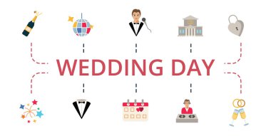 Düğün günü ikonu seti. Smokin, koç, sicil dairesi ve daha fazlası gibi düzenlenebilir simgeler içerir.