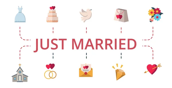 Just Married icon set. Contains editable icons theme such as wedding cake, dove, diamond and more. — Stock Vector