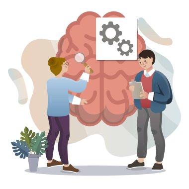 Psikoloji. İzole edilmiş düz stil renkli illüstrasyon. Okul dersleri. Psiko-sütun bilimi eğitimi.