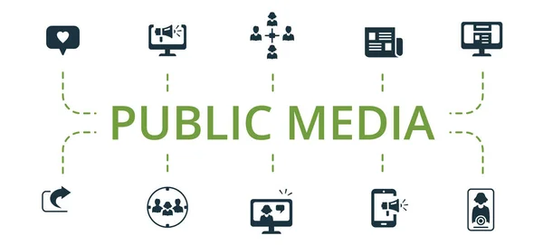 公共媒体图标集。包含可编辑的图标主题，如广告、电话、出版物等. — 图库矢量图片