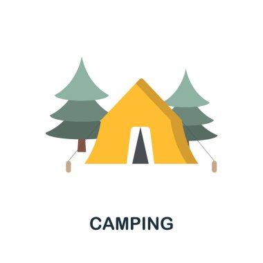 Kamp ikonu. Gezi koleksiyonundan renkli bir tabela. Web tasarımı, bilgi grafikleri ve daha fazlası için yaratıcı kamp simgesi çizimi