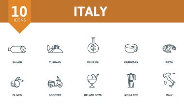 İtalya ikonu hazır. Salam, zeytinyağı, pizza ve daha fazlası gibi düzenlenebilir ikonlar içerir.
