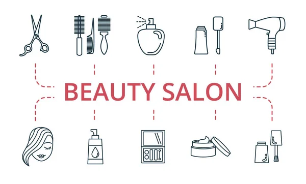 Beauty Salon εικονίδιο σετ. Περιέχει επεξεργάσιμο θέμα εικονίδια, όπως κρέμα, χτένες μαλλιών, στεγνωτήρα μαλλιών και περισσότερα. — Διανυσματικό Αρχείο