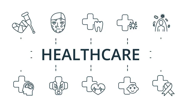 Ikona zdravotní péče nastavena. Obsahuje editovatelné ikony téma, jako je dermatologie, onkologie, kardiologie a další. — Stockový vektor