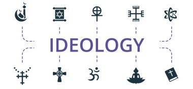 İdeoloji simgesi seti. Katolik, Hinduizm, putperestlik ve daha fazlası gibi düzenlenebilir simgeler içerir.