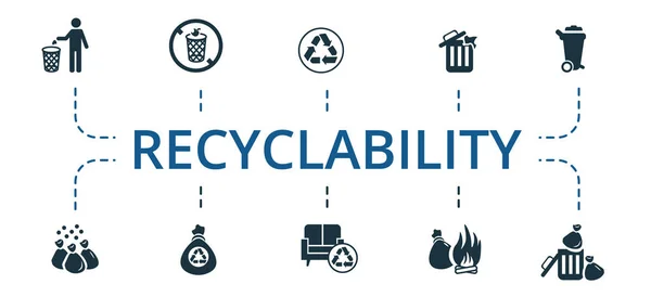 Recyclingfähigkeitssymbole gesetzt. Enthält editierbare Symbole wie nicht recycelbar, Möbelrecycling, Abfallbehälter und mehr. — Stockvektor