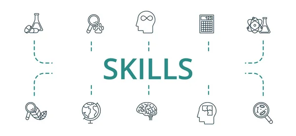 Skills-Icon gesetzt. Enthält editierbare Symbole wie Geographie, Neurobiologie, Logik und mehr. — Stockvektor