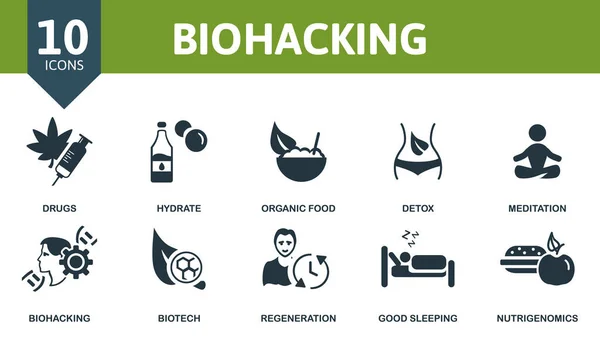 Conjunto de ícones de biohacking. Coleção contém meditação, hidrato, biotecnologia, nutrigenômica e sobre ícones. Conjunto de elementos de biohacking —  Vetores de Stock