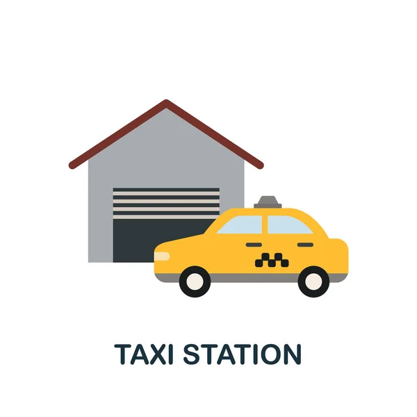 Icona piatta della stazione taxi. Segno colorato dalla collezione di piccole imprese. Icona Creative Taxi Station illustrazione per web design, infografica e altro ancora — Vettoriale Stock
