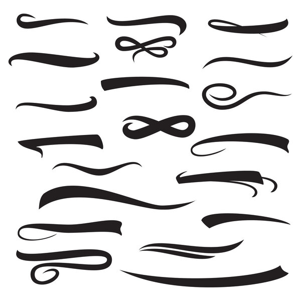 Marker, Underline, Highlighter Marker Strokes, Swoops, Waves Brush Marks Set. Hand Lettering Lines Isolated On White. Typographic Design. Vintage Elements. Vector Illustration