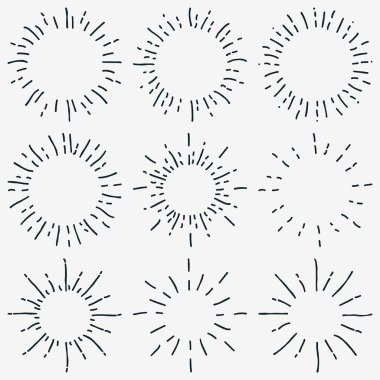 Davetiyeler, Tebrik Kartları, Posterler için Beyaz Arka Plan Siyah Vintage Dots Stil Sunburst Seti. Vektör çizimi.