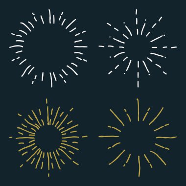 Davetiyeler için Siyah Arka Plan Beyaz ve Altın Vintage El Çizilmiş Sunbursts Seti, Tebrik Kartları, Posterler. Vektör çizimi.