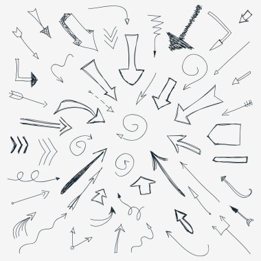 Siyah Oklar Seti. Vektör El Kalem Oklar Elemanları Tarafından Tasarım için çizilmiş. Doodle Çizimli Stil. Vektör İllüstrasyonu