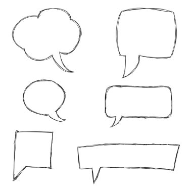 Siyah El Çizilmiş Konuşma Bubble Skech Set Beyaz Arka Plan üzerinde izole. Vektör İllüstrasyonu