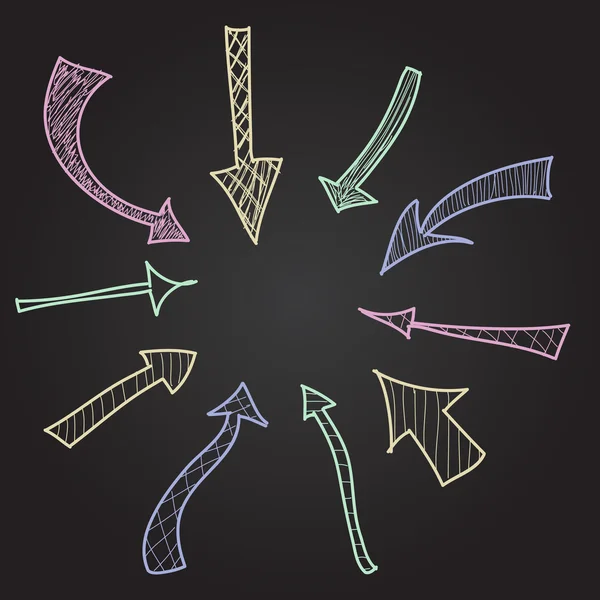 Kreide handgezeichnete Pfeile Symbole auf der Tafel gesetzt. Vektorillustration — Stockvektor
