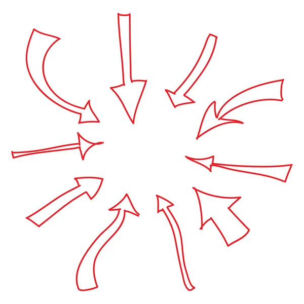 Czerwone ręcznie rysowane strzałki ikony ustawione na białym dla Twojego projektu. Doodle szkicowany styl. Ilustracja wektorowa — Wektor stockowy