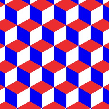 Geometrik Küp. 3d Efektli Optik İllüzyon. Kırmızı, siyah ve mavi renkler. Soyut Küp Deseni. Vektör illüstrasyon. Tasarım için arka plan.