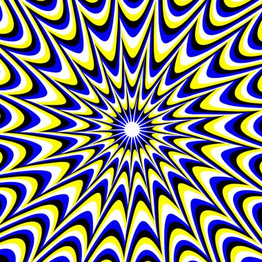 Optik Genişleme Illusion. Siyah, Mavi, Beyaz, Sarı Renkler. Genişletme Etkisi.Vektör İllüstrasyon ile Parlak Arka Plan