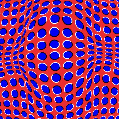 Optik Illusion Arka Plan. Mavi daireler kırmızı arka plan üzerinde hareket ediyor. Polka Nokta arka plan. Vektör çizimi.