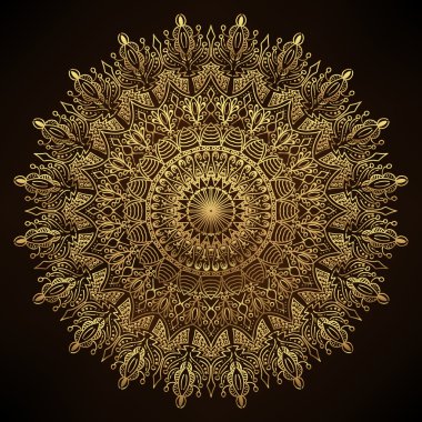 Mandala Altın. Dekoratif Hint Yuvarlak Dantel Mandala. Vintage Altın Desen. İslam, Arapça, Hint, Türk, Pakistan. Davetiye, Düğün Kartı, Scrapbooking. Noel Kartı Mandala Tasarım. Siyah Üzerine Altın. Vektör İllüstrasyonu.
