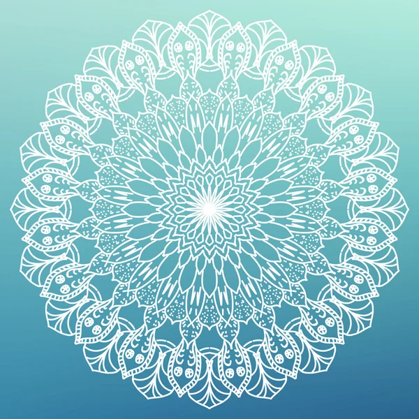 Mandala White. Mandala decorativo de encaje redondo indio. Vintage hindú azul y blanco patrón. Invitación, Tarjeta de Boda, Libro de recortes. Tarjeta de Navidad Mandala Design. Blanco sobre azul. Ilustración vectorial . — Archivo Imágenes Vectoriales