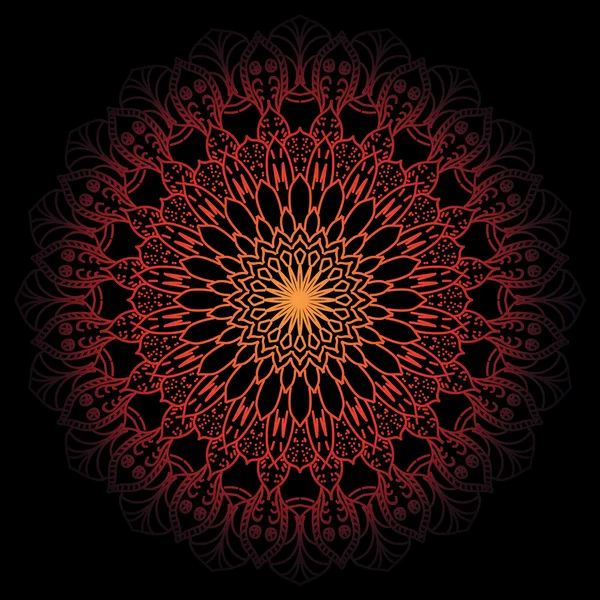 Mandala. Yuvarlak süsleme desen. El Vintage dekor elementleri çekilmiş. Kırmızı, siyah zemin üzerine sarı. Islam, Arapça, Hint, Türk, Pakistan, Osmanlı motifleri. Metin için yer. Vektör çizim.
