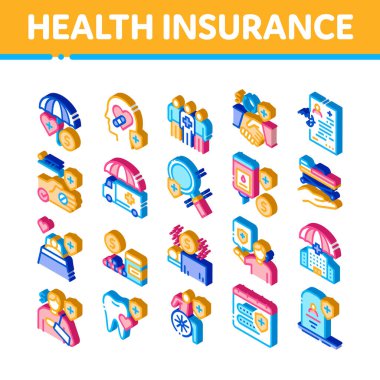 Sağlık Sigortası Isometric Simgeleri Vektörü Ayarladı