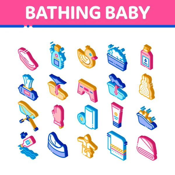 Vector de conjunto de iconos isométricos de herramientas de baño para bebés — Vector de stock