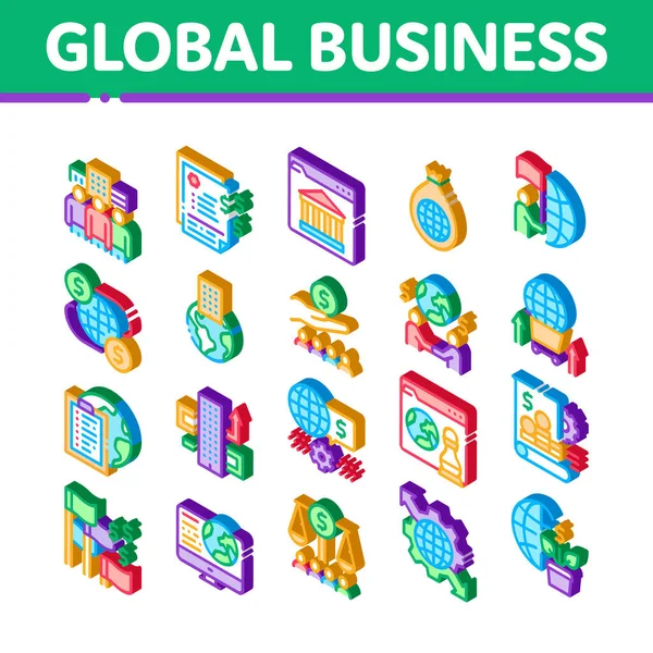 Изометрические иконки, устанавливающие вектор глобальной стратегии финансирования бизнеса — стоковый вектор