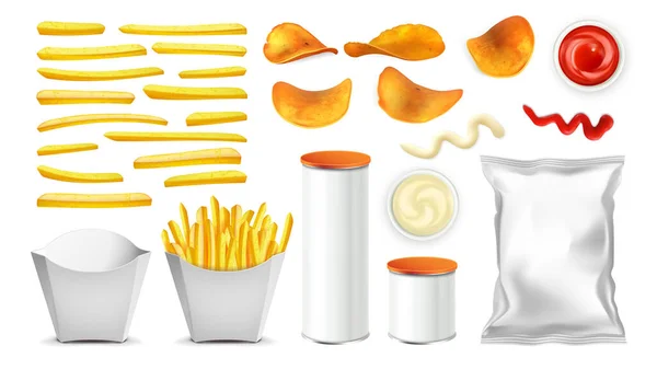 Gebratene Kartoffeln, Chips, Verpackungen und Sauce Set Vector — Stockvektor