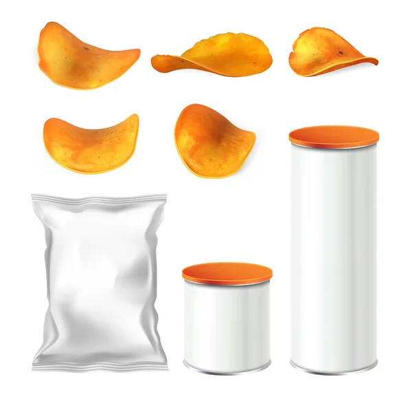 Patatas fritas, paquetes en blanco y vectores de bolsas — Vector de stock