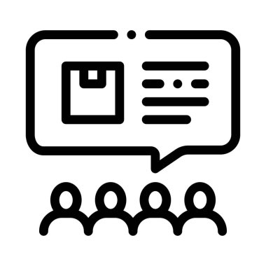 İnsanlar şirket ürünleri hakkında tartışıyorlar. Siyah simge vektör illüstrasyonu