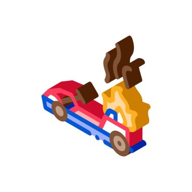Yanan kart, yangın kazası izometrik ikon vektör çizimi