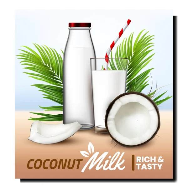 Leite de coco Natural Bebida Promo Banner Vector — Vetor de Stock