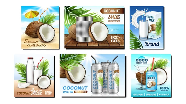 Креативные рекламные плакаты кокосового напитка задают вектор — стоковый вектор