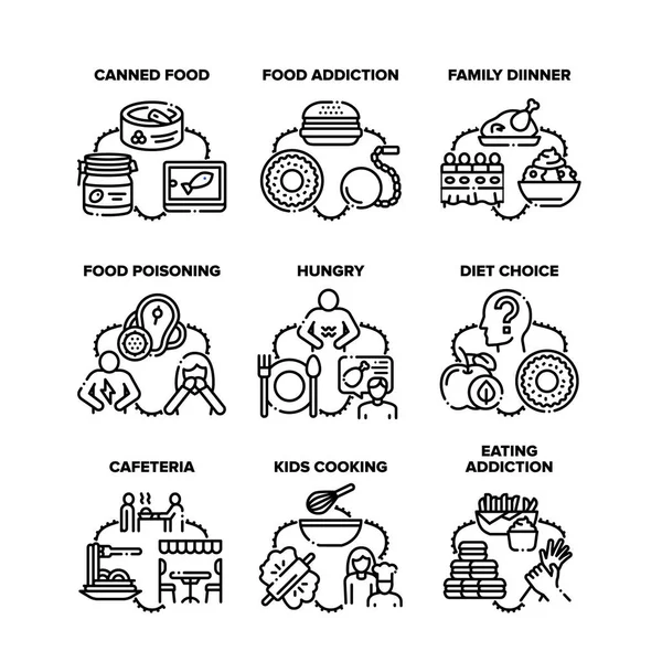 Set de adicciones a los alimentos Iconos Vector Black Illustrations — Archivo Imágenes Vectoriales