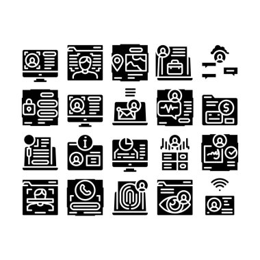 Dijital Kimlik Kullanıcı Glifi Ayarlama Vektörü. Elektronik İmza ve Yüz Tarama, Göz ve Parmak İzi Kimliği Siyah Çizimler için Erişim Kabartması