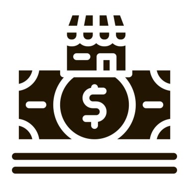 İşletme binası ve dolar banknot sembolü vektörü. Dükkan binası ve dolar banknotu tabelası. izole edilmiş sembol çizimi