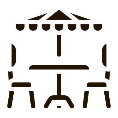 Kafe masa sandalyeleri ve şemsiye sembolü vektörü. Kafe sandalyeleri ve şemsiye tabelası. izole edilmiş sembol çizimi