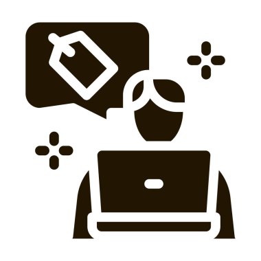 İnsan interneti ürün etiketi simgesi vektörü satın alır. İnsan internet ürünleri etiketi satın alıyor. izole edilmiş sembol çizimi