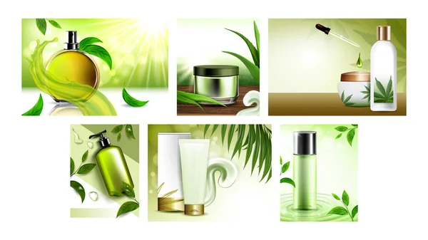 Herbal Cosmetic Promotional Posters Set Vector — Stock Vector