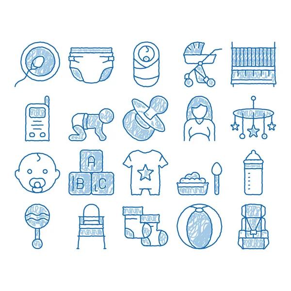 Icono de ropa y herramientas para bebés ilustración dibujada a mano — Vector de stock