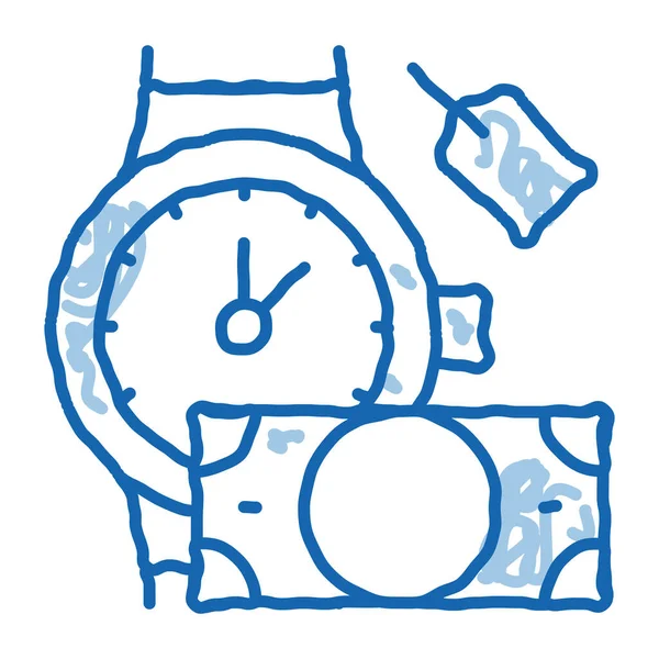 Mano sobre reloj de pulsera para el dinero a garabato garabato icono ilustración dibujada a mano — Vector de stock